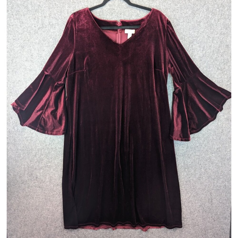 Appleseed's Womens XL Burgundy Stretch Velvet Dress V-Neck 3/4 Bell Sleeve USA - Picture 7 of 12